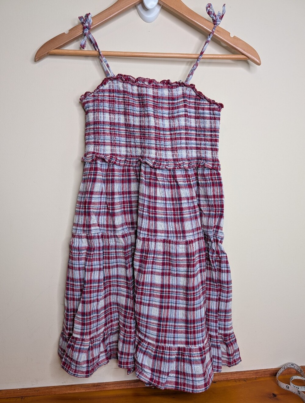 April Cornell Girls Dress Size 9/10 Red White Blue Plaid Smocked Sundress